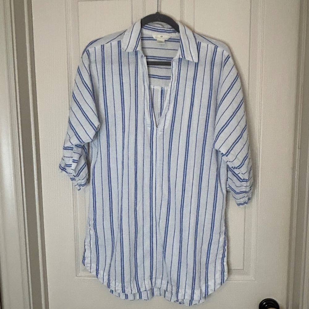 H M Linen Blend Stripe Tunic Shirt Dress White Blue XS Costal